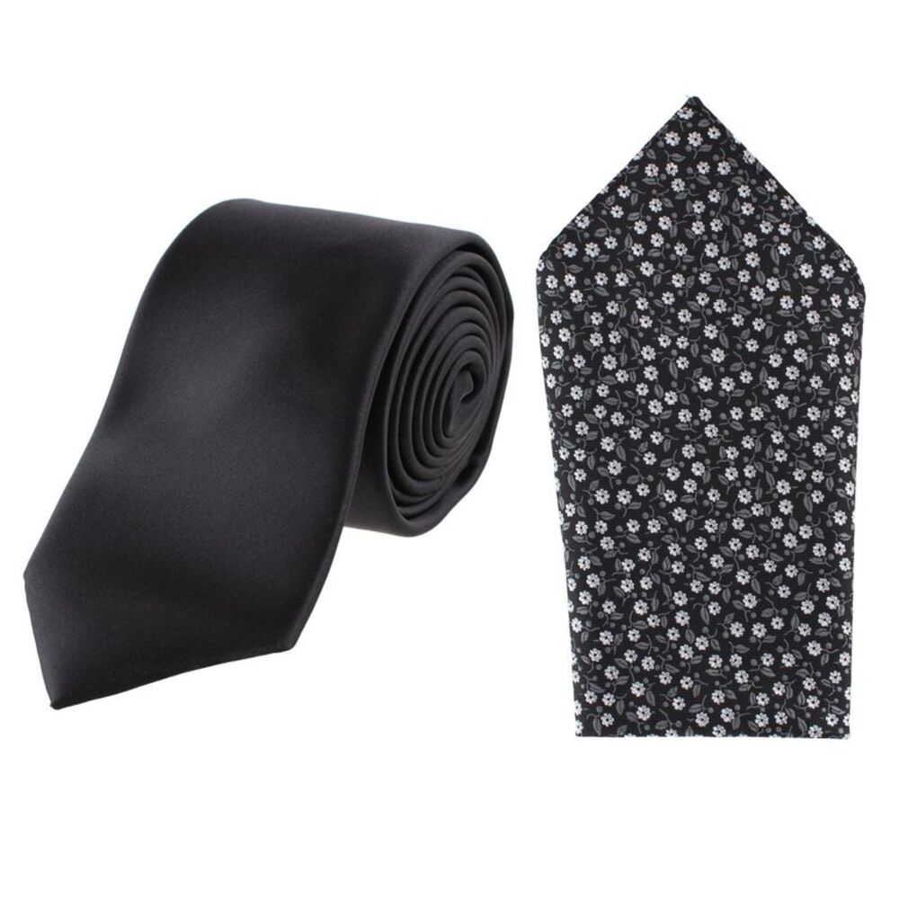 Essentials by Trafalgar Solid Necktie and Metallic Floral Pocket Square Set